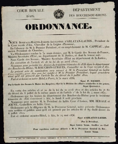 Ordonnance [nommant le président et les assesseurs des assises du 3e trimestre 1836] / Cour royale d'Aix. Département des Bouches-du-Rhône