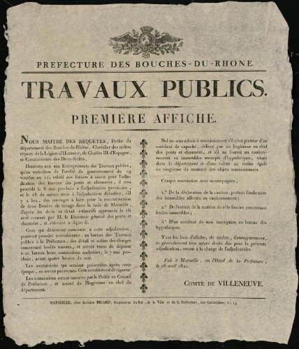 Travaux publics. Première affiche / Préfecture des Bouches-du-Rhône