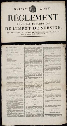 Règlement pour la perception de l'impôt de subside, délibéré par le conseil municipal de la ville d'Aix dans sa séance du 6 septembre 1815 / Mairie d'Aix