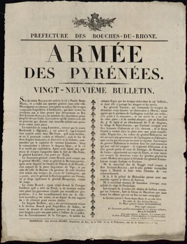 Armée des Pyrénées. Vingt-neuvième bulletin. / Préfecture des Bouches-du-Rhône