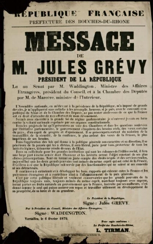 Message de M. Jules Grévy, président de la république / Préfecture des Bouches-du-Rhône