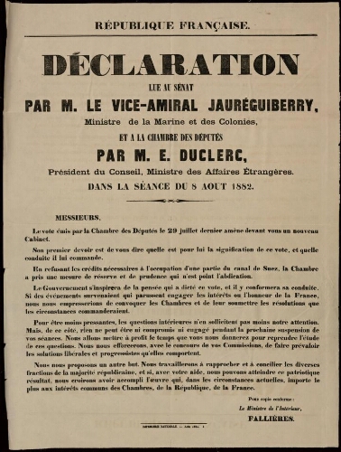 Déclaration lue au Sénat par M. le vice-amiral Jauréquiberry, ... et à la chambre des députés par M. E. Duclerc, … dans la séance du 8 août 1882. Ministère de la marine et des colonies