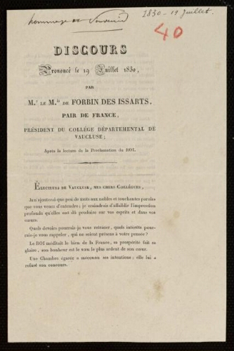 Discours prononcé le 19 juillet par M. le Marquis de Forbin des Issarts, pair de France, président du collège  départemental de Vaucluse; après la lecture de la proclamation du roi