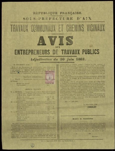 Travaux communaux  et chemins vicinaux : avis aux entrepreneurs de travaux publics. Adjudication du 30 juin 1881 / Sous-préfecture d'Aix