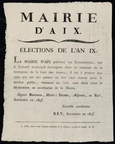 Elections de l'an IX / Mairie d'Aix