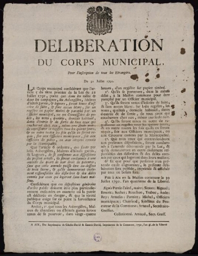 Délibération du corps municipal, pour l'inscription de tous les etrangers / [Mairie d’Aix]