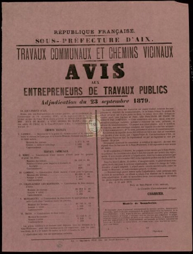 Travaux communaux et chemins vicinaux : avis aux entrepreneurs de travaux publics. Adjudication du 23 septembre 1879 / Sous-préfecture d'Aix
