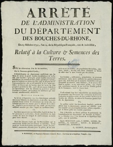 Arrêté de l'Administration du département des Bouches-du-Rhône …  relatif à la culture & semences des terres