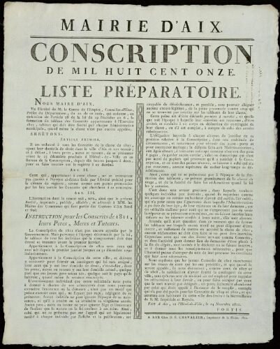 Conscription de mil huit cent onze. Liste préparatoire / Mairie d'Aix