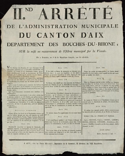 2nd arrêté de l'Administration municipale du Canton d'Aix département des Bouches-du-Rhône, sur la mise en recouvrement de l'octroi municipal sur la viande