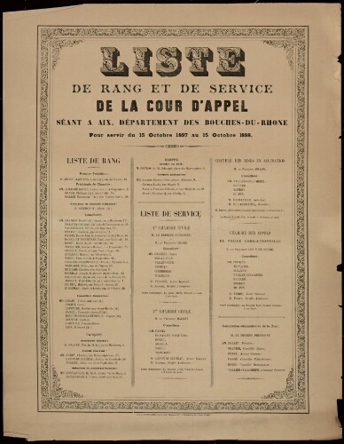 Liste de rang et de service de la cour d'appel séant à Aix, département des Bouches-du-Rhône pour servir du 15 octobre 1897 au 15 octobre 1898