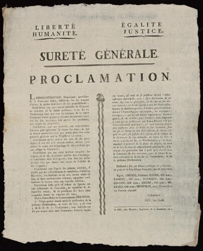 Sureté générale. Proclamation. Administration provisoire municipale de la Commune d'Aix