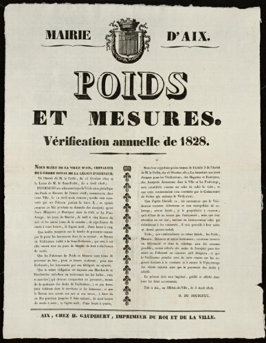 Poids et mesures. Vérification annuelle de 1828 / Mairie d'Aix