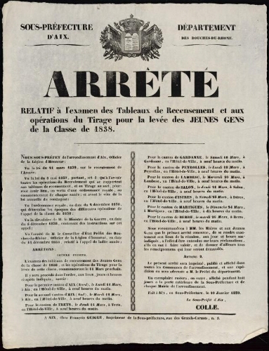 Arrêté relatif à l'examen des tableaux de recensement et aux opérations du tirage pour la levée des jeunes gens de la classe de 1838   / Sous-préfecture d'Aix