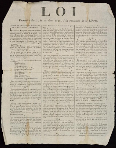Loi donnée à Paris, le 15 août 1792, l'an quatrième de la liberté