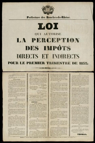 Loi qui autorise la perception des impôts directs et indirects pour le premier trimestre de 1832 / Préfecture des Bouches-du-Rhône