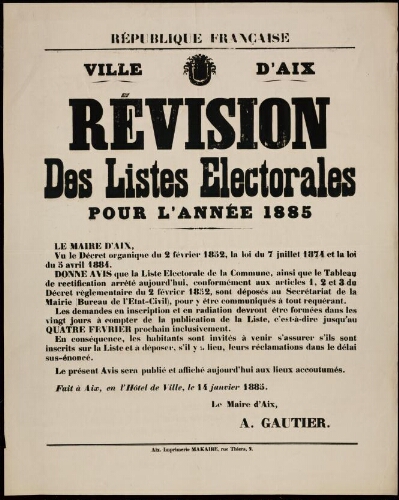 Révision des listes électorales pour l'année 1885 / Ville d’Aix