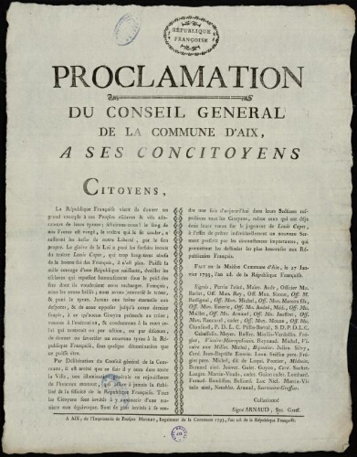 Proclamation du Conseil Général de la Commune d'Aix, à ses concitoyens