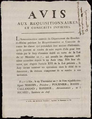 Avis aux requisitionnaires et conscrits infirmes / Administration centrale du département des Bouches-du-Rhône