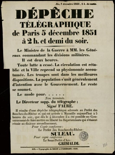 Dépêche télégraphique de Paris 5 décembre 1851 à 2h et demi du soir... « Toute lutte a cessé... » / Préfecture des Bouches-du-Rhône