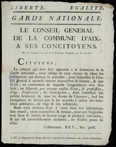 Garde nationale. Le Conseil général de la Commune d'Aix, à ses concitoyens / [Mairie d'Aix]