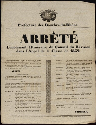 Arrêté concernant l'itinéraire du conseil du (sic) révision dans l'appel de la classe de 1832 / Préfecture des Bouches-du-Rhône