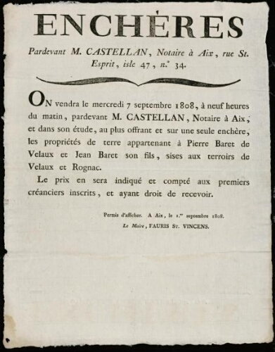 Enchères pardevant M. Castellan, notaire à Aix, rue St. Esprit, isle 47, n°.34