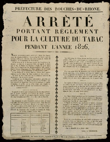 Arrêté portant règlement pour la culture du tabac pendant l'année 1826 / Préfecture des Bouches-du-Rhône