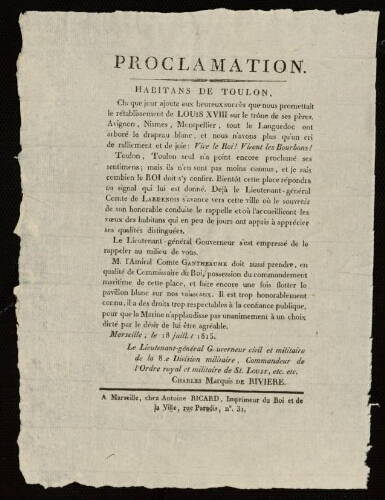 Proclamation. Habitans de Toulon... / Charles, Marquis de Rivière