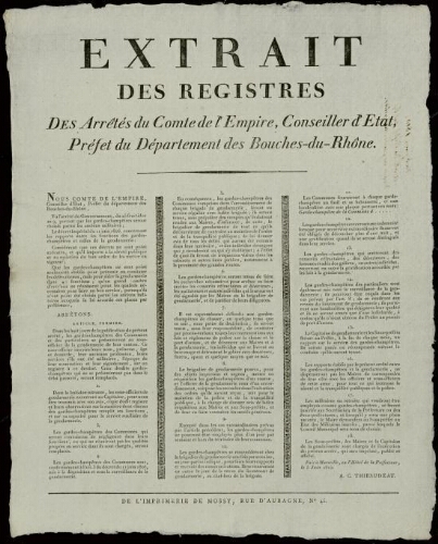 Extrait des registres des arrêtés du Comte de l'Empire, Conseiller d'État, préfet du département des Bouches-du-Rhône.