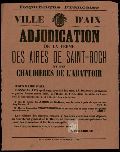 Adjudication de la ferme des aires de Saint-Roch et des chaudières de l'abattoir / Ville d’Aix