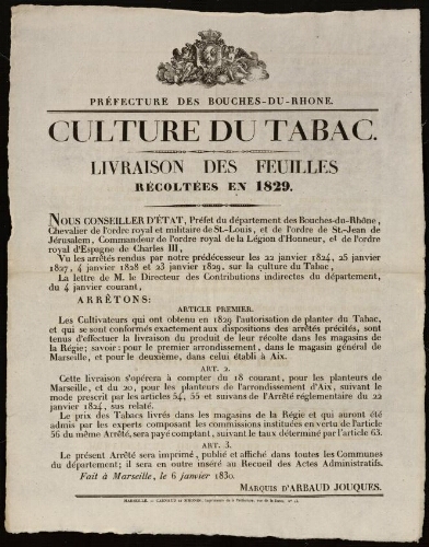 Culture du tabac. Livraison des feuilles récoltées en 1829 / Préfecture des Bouches-du-Rhône