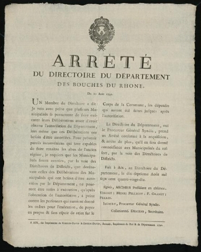 Arrêté du Directoire du département des Bouches du Rhone, du 17 août 1790