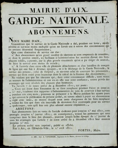 Garde nationale. Abonnements / Mairie d'Aix