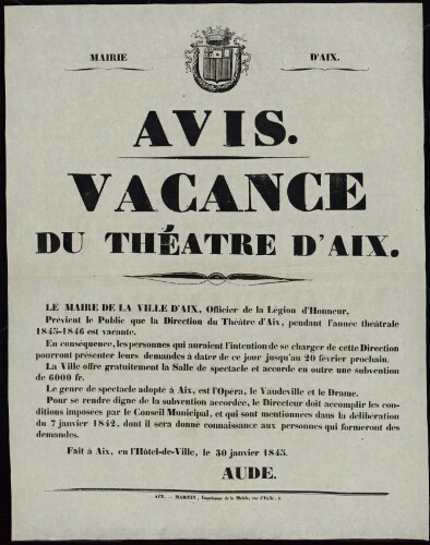 Vacance du Théâtre d'Aix / Mairie d'Aix
