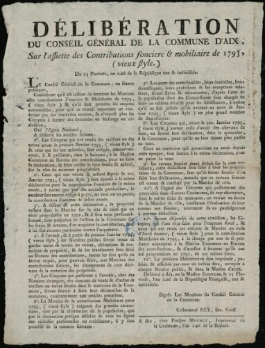 Délibération du Conseil général de la commune d'Aix, sur l'assiette des Contributions fonciere & mobiliaire de 1793