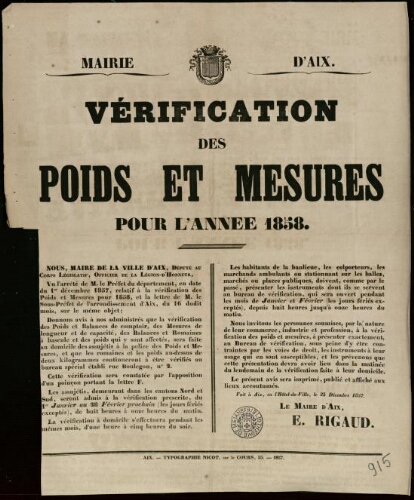 Vérification des poids et mesures pour l'année 1858 / Mairie d'Aix