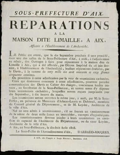 Réparations à la maison dite Limaille, à Aix affectée à l’établissement de l'archevêché  / Sous-préfecture d'Aix