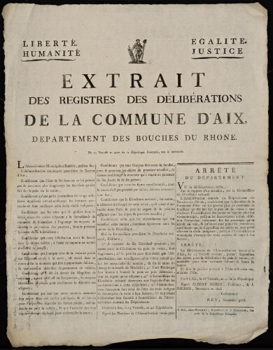 Extrait des registres des délibérations de la Commune d'Aix, département des Bouches du Rhône