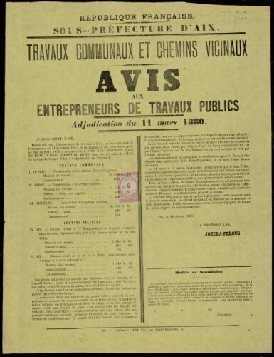 Travaux communaux et chemins vicinaux : avis aux entrepreneurs de travaux publics. Adjudication du 11 mars 1880 / Sous-préfecture d'Aix