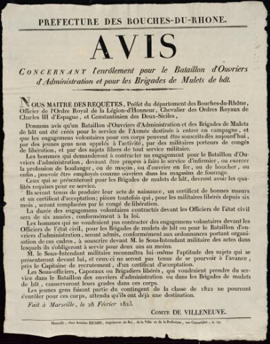 Avis concernant l'enrôlement pour le bataillon d'ouvriers d'administration et pour les brigades de mulets de bât / Préfecture des Bouches-du-Rhône