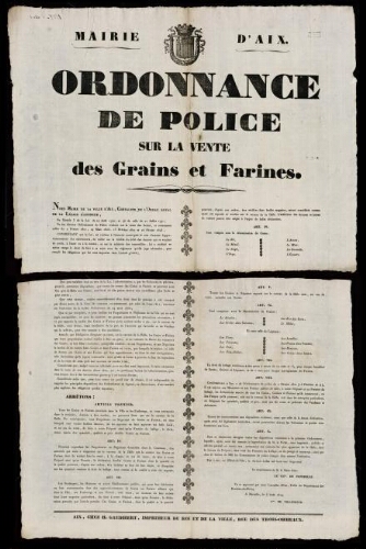 Ordonnance de police sur la vente des grains et farines / Mairie d'Aix