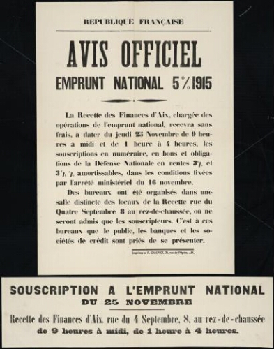 Avis officiel. Emprunt National 5 % 1915 / Mairie d'Aix