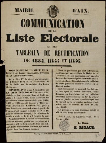 Communication de la liste électorale et des tableaux de rectification de 1854, 1855 et 1856 / Mairie d'Aix