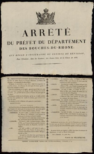 Arrêté du préfet du département des Bouches-du-Rhône, qui règle l'itinéraire du conseil de révision, pour l'examen, dans les cantons, des jeunes gens de la classe de 1818