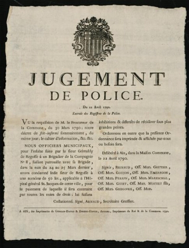 Jugement de police. Du 22 avril 1790. Extrait des registres de la police. / [Mairie d’Aix]