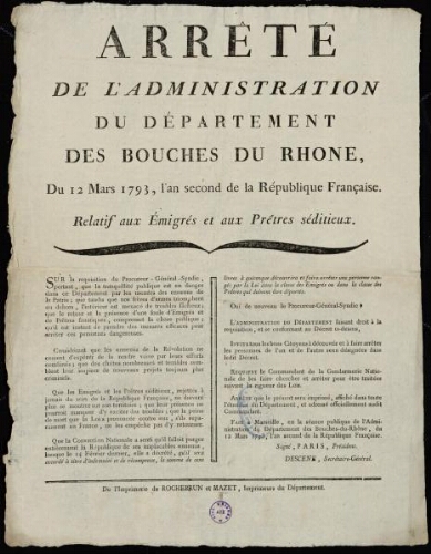Arrêté de l'administration du département des Bouches-du-Rhône du 12 mars 1793, l’an second de la République française, relatif aux émigrés et aux prêtres séditieux