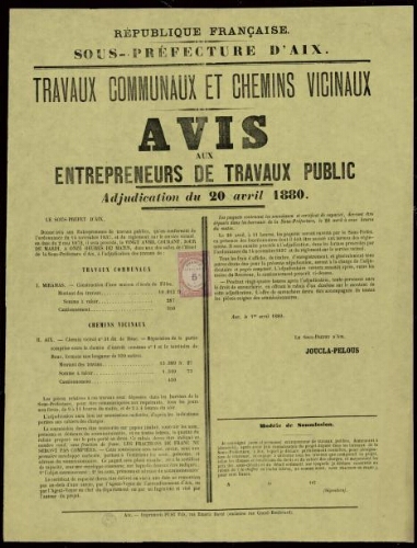 Travaux communaux et chemins vicinaux : avis aux entrepreneurs de travaux publics. Adjudication du 20 avril 1880 / Sous-préfecture d'Aix