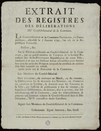 Extrait des registres de délibérations du Conseil-Général de la Commune