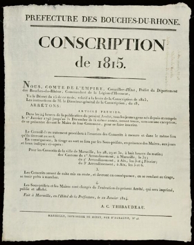 Conscription de 1815 / Préfecture des Bouches-du-Rhône